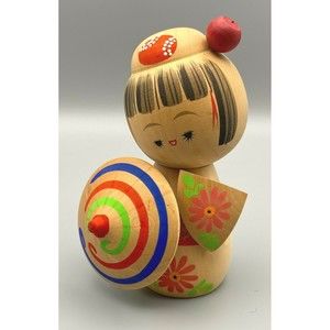 Vintage Kokeshi Wooden Doll With Umbrella Flower Signed Japanese Folk Art 5"